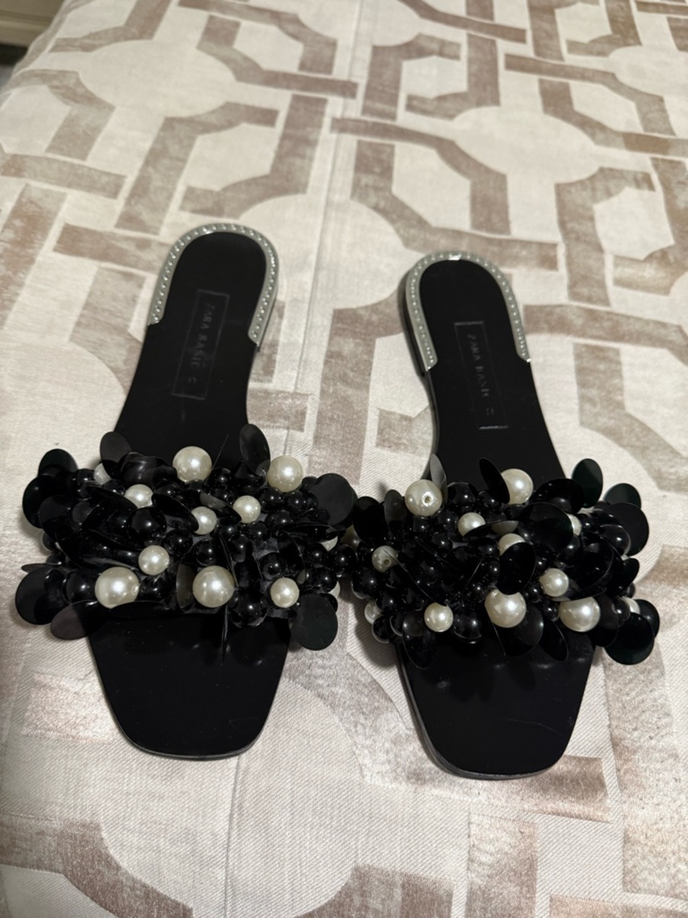 Zara Black Pearl & Sequin Slide Sandals
